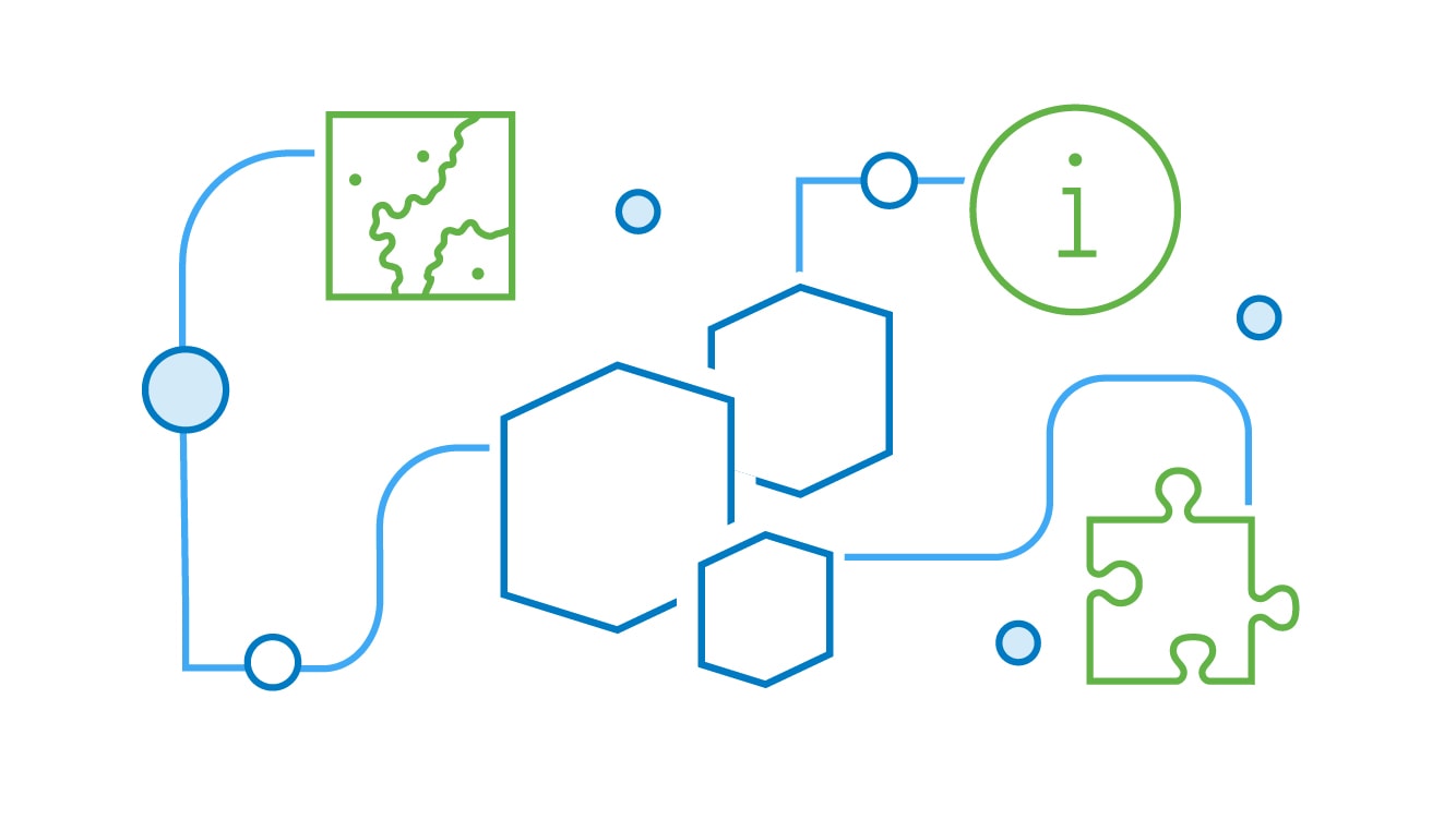 Illustration of three hexagons connected by lines to a puzzle piece, a map, and an information symbol